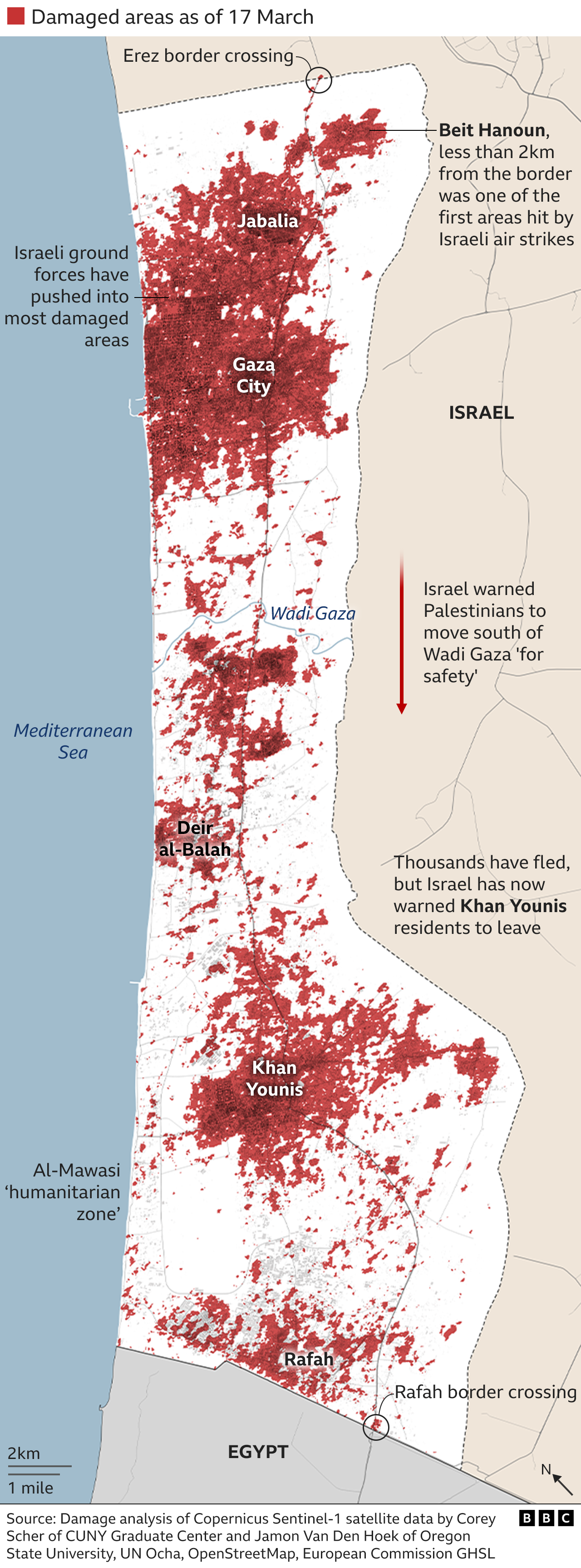 Map showing where buildings have been destroyed or damaged since the start of the conflict up to 17 March - with red areas for damage clearly visible across Gaza. Israel has told Palestinians to move out of areas in the north and around Khan Younis for their own safety.