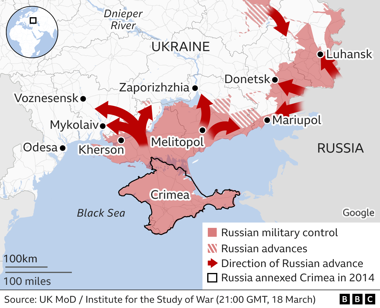 Map showing the Russian military advance into Ukraine from the south