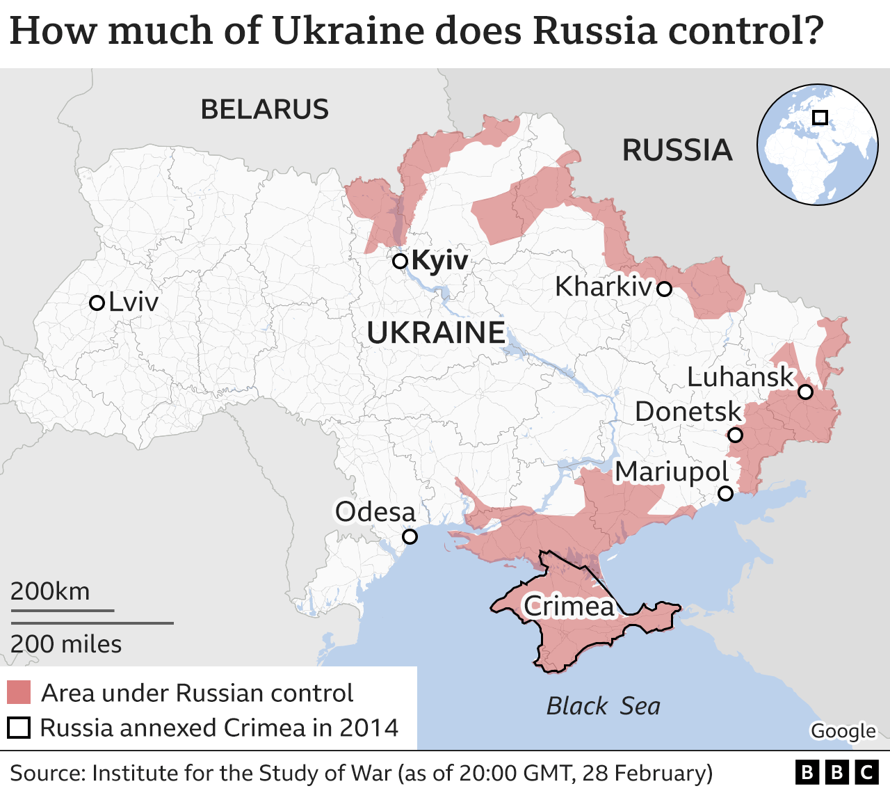 Map showing Russian control areas across whole country. Updated 1 March
