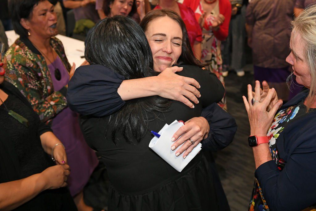 Jacinda Ardern following the announcement of her resignation at the War Memorial Hall, in Napier, New Zealand