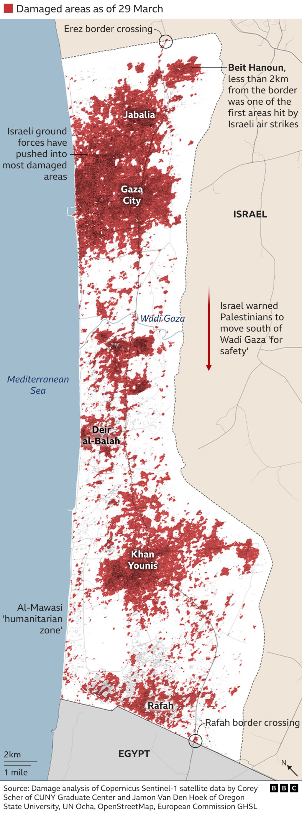 Map of Gaza showing more than 56% of Gaza's buildings have been damaged or destroyed since October 7, according to satellite data analysis