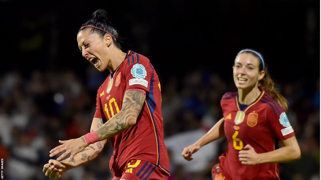 Jenni Hermoso celebrates scoring for Spain