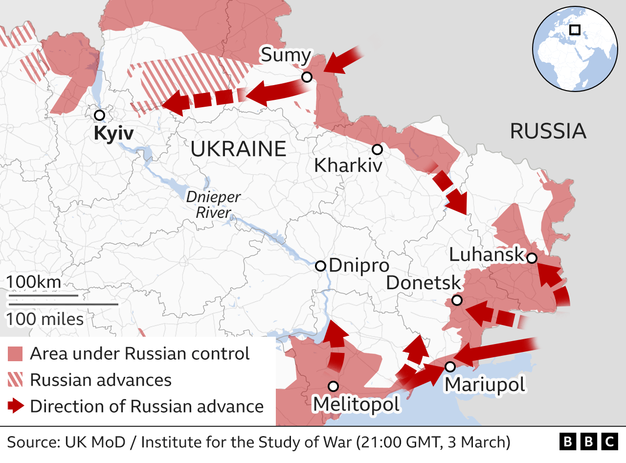 Map showing the Russian military advance into Ukraine from the east