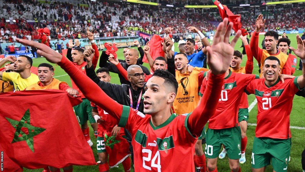Morocco players celebrate after reaching the semi-finals of the 2022 World Cup in Qatar
