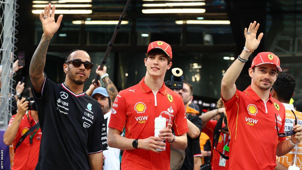 Lewis Hamilton, Oliver Bearman and Charles Leclerc wave to the crowds before the Saudi Arabian Grand Prix