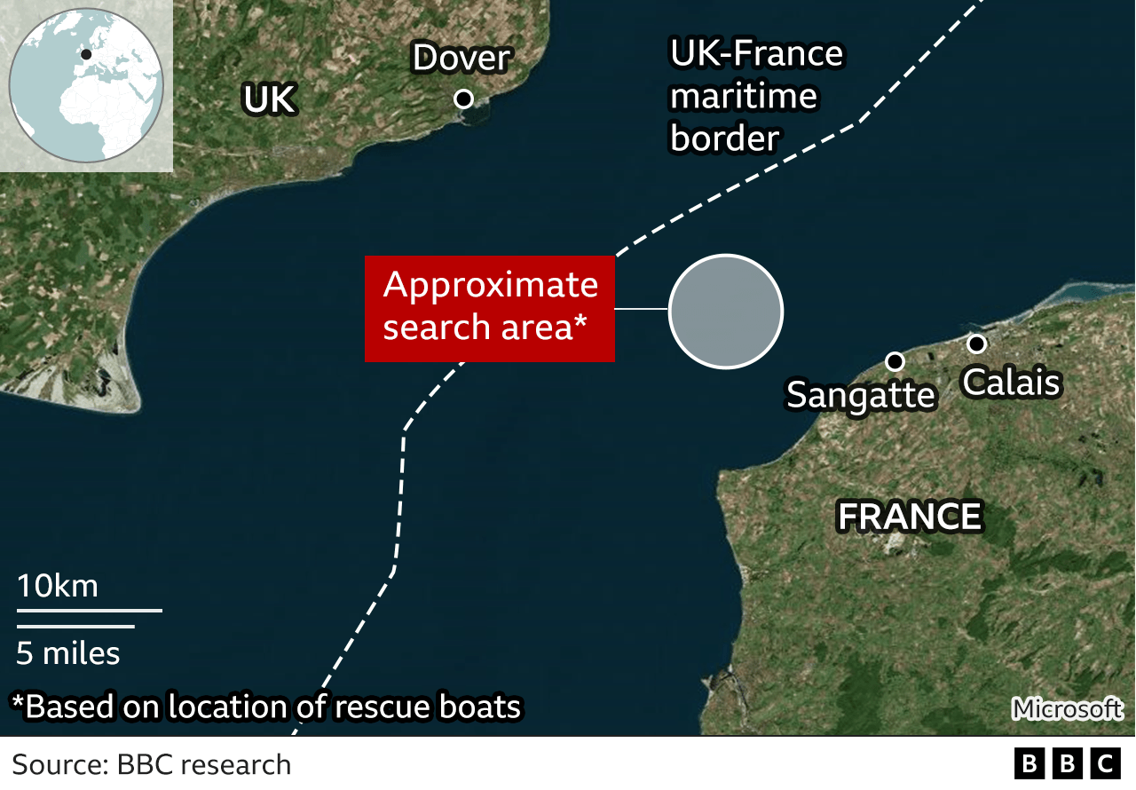 A map showing the area of the search for the migrant boat in comparison with French and English coastlines