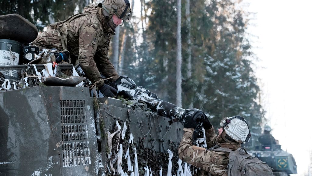 British Army servicemen with infantry fighting vehicle 'Warrior' attend military exercise Winter Camp near Tapa, Estonia, 10 February 2024.