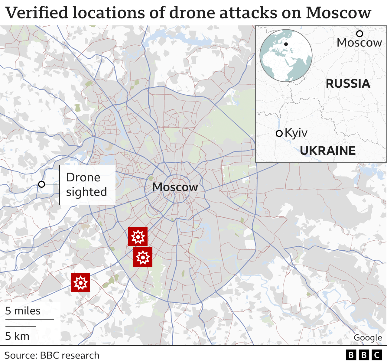 Map showing locations of verified drone attacks in Moscow