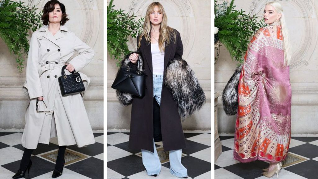 Parker Posey, Jennifer Lawrence and Anya Taylor-Joy pictured separately - they are standing on black-and-white checked floor. Posey wears a beige mac belted at the waist - Lawrence has on long pale denim jeans, a long black coat and a white t-shirt and Taylor-Joy wears a pink, red and cream silk cloak