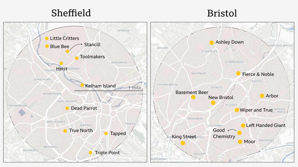 Side-by-side maps of Sheffield and Bristol showing the ten breweries within a ten mile radius of each other.