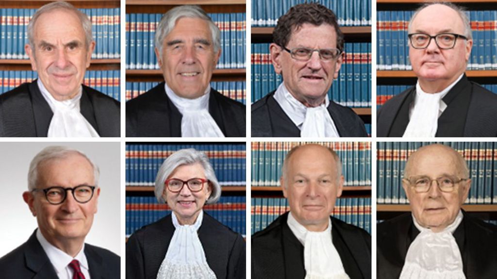The overseas judges still sitting on the court (top row l-r: Lennie Hoffman, Nick Philips, Robert French, Anthony Keane; bottom row: James Allsop, Beverley McLachlan, David Neuberger and William Gummow)
