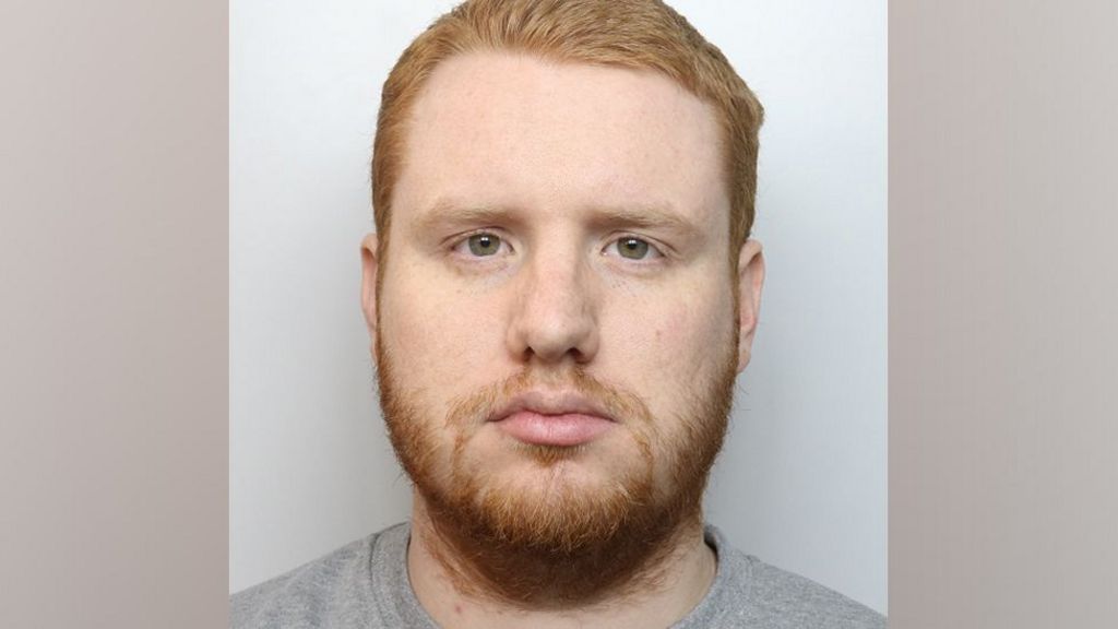 A custody image of James Bubb, facing forward with blank expression, in a grey T-shirt and he has a ginger beard and pale face.