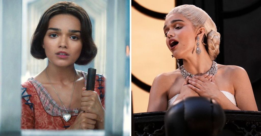 Rachel Zegler in Snow White (left) and singing from the London Palladium balcony (right)