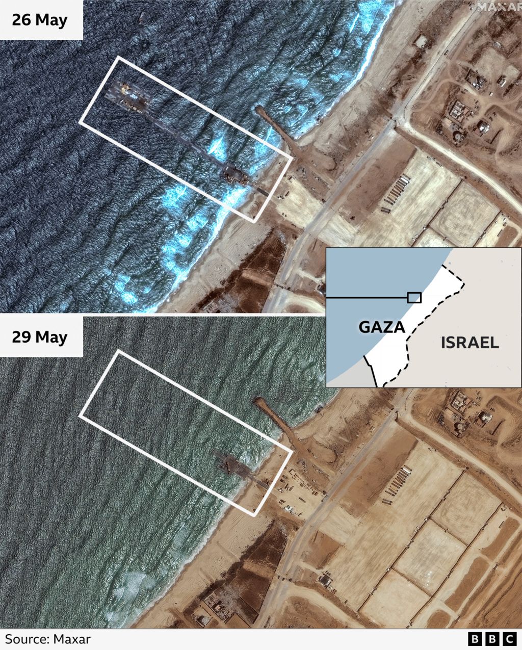 Graphic showing two satellite images of the site of the pier in Gaza, the first one taken on 26 May showing the pier in place and the second one taken on 29 May showing it has been removed. 