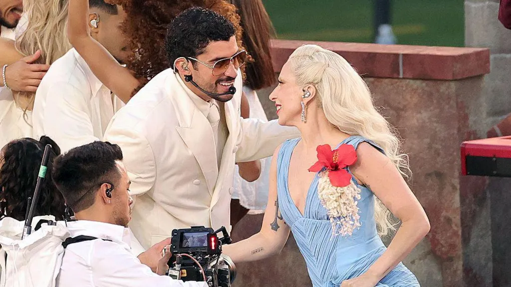 Picture of Bad Bunny embracing Lady Gaga during his half-time show performance