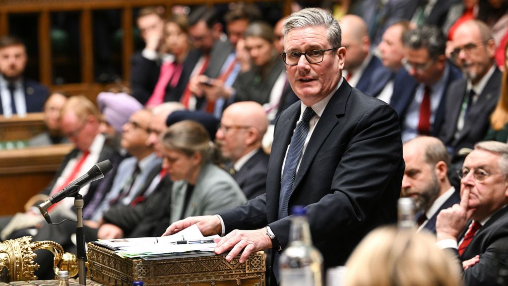 Sir Keir Starmer standing and speaking at Prime Minister's Question time in the House of Commons today 