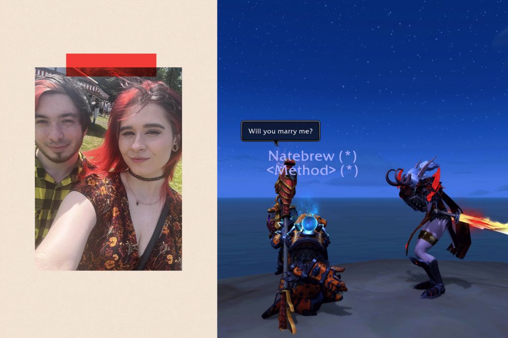 A selfie of Nate and Jess on the left, and on the right, a screenshot from World of Warcraft showing Nate proposing with the words, "Will you marry me?"