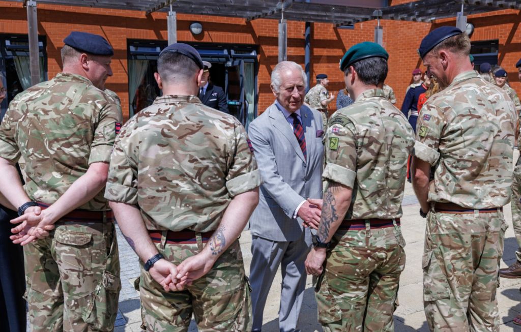 King Charles III during a visit to Gibraltar Barracks in Minley, Hampshire, to meet the staff and families of the 3 Royal School of Military Engineering (3RSME) and 8 Engineer Brigade, at the training base for the Army's Royal Engineers