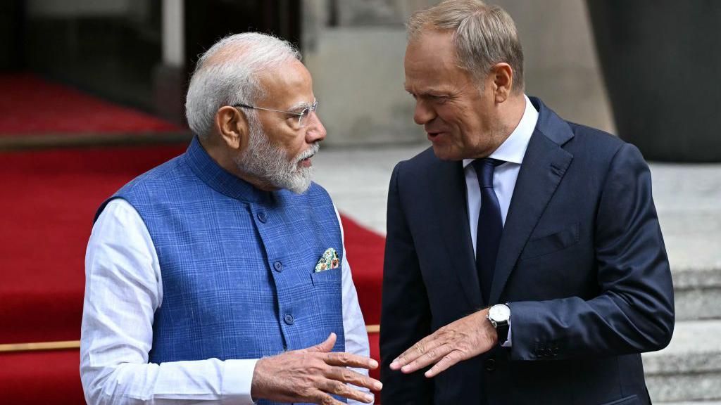 Polish Prime Minister Donald Tusk (R) welcomes Indian Prime Minister Narendra Modi for a meeting in front of the Polish Prime Minister's Office in Warsaw, Poland on August 22, 2024. 