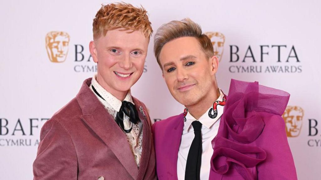 Host Owain Wyn Evans and Ian "H" Watkins attend the 2024 BAFTA Cymru awards at the International Convention Centre Wales