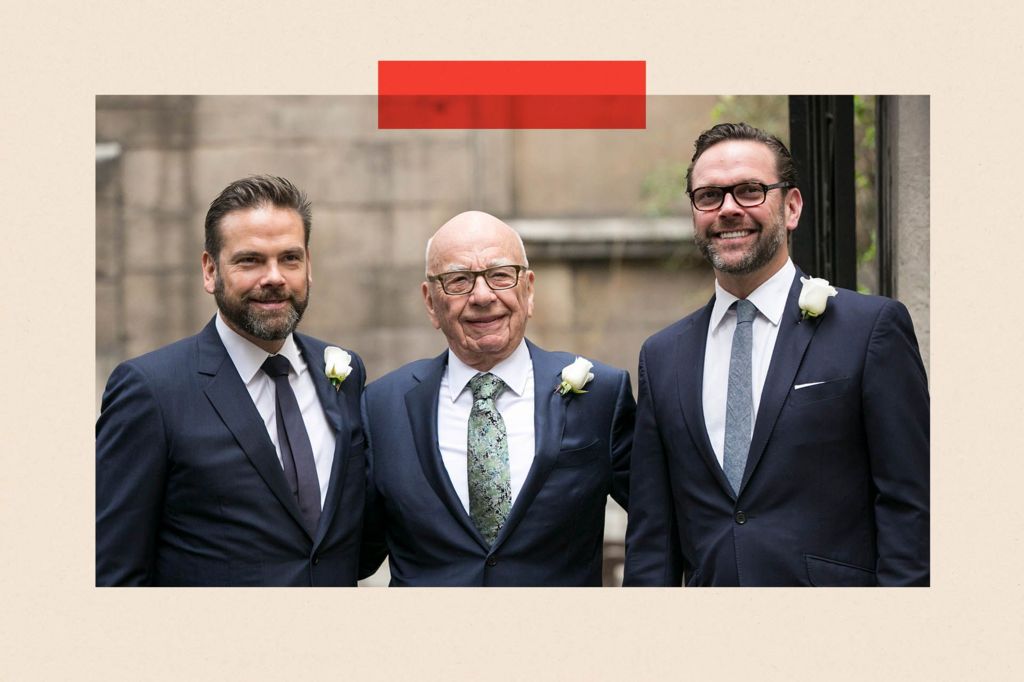 Rupert Murdoch arrives at St Bride's Church in London accompanied by his sons James (right) and Lachlan (left)
