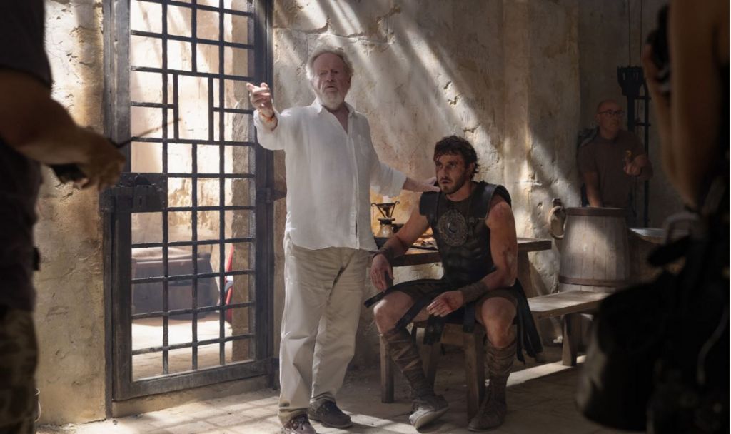 Sir Ridley Scott and Paul Mescal on the set of the film