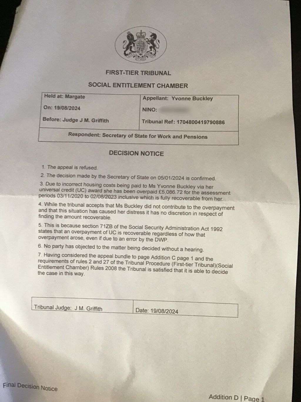 A letter that details how, although she "did not contribute to the overpayment", Yvonne Buckley would need to pay the money back