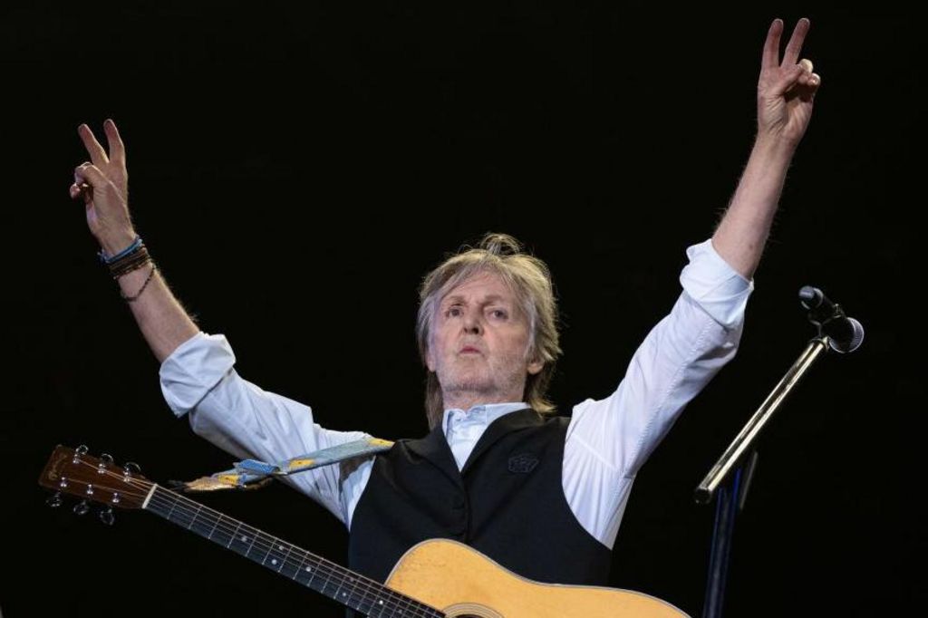 McCartney on stage at Glastonbury, with a greying beard