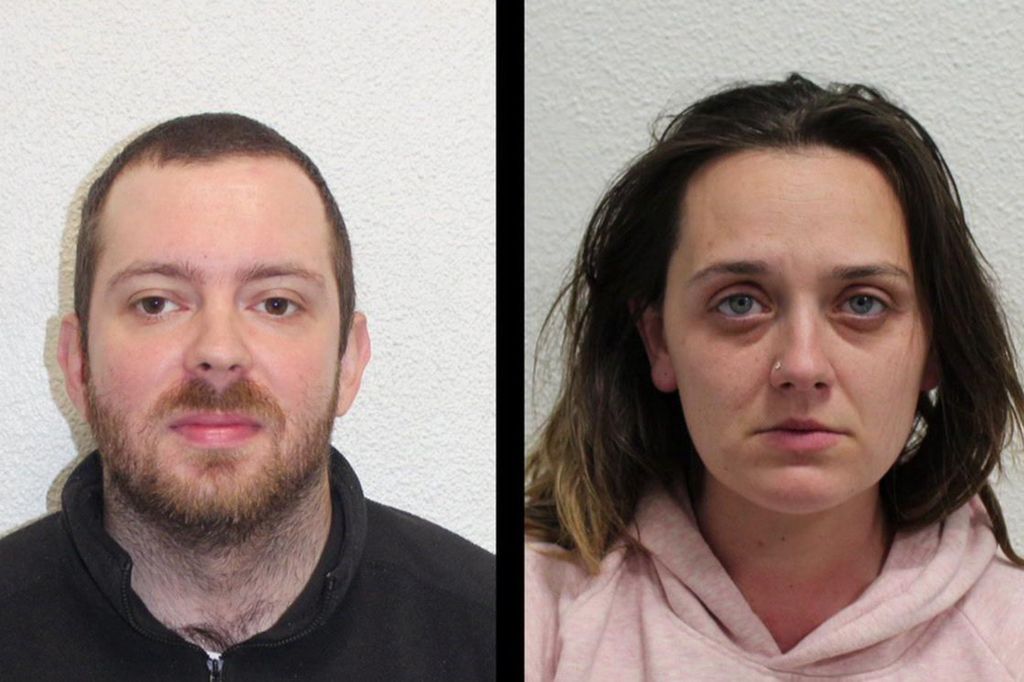 Police custody photos of O'Connor and Coutts. He has a beard and wears a black hooded top. She has long dark hair and wears a pink hooded top. 