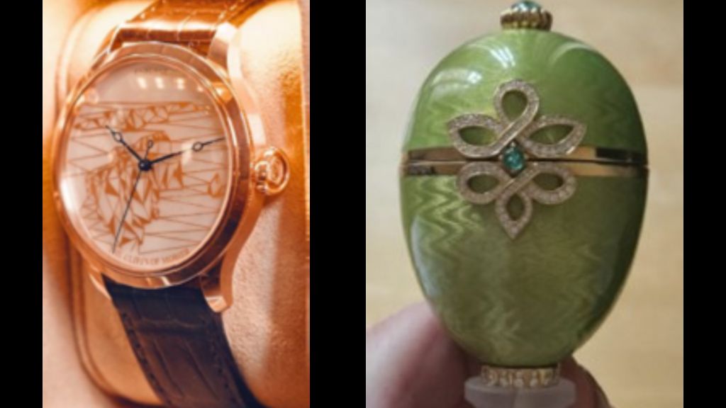 Two images placed side by side: a close‑up of a luxury wristwatch with a patterned face on the left, and a green Fabergé egg with a gold band and decorative gemstone motif on the right.