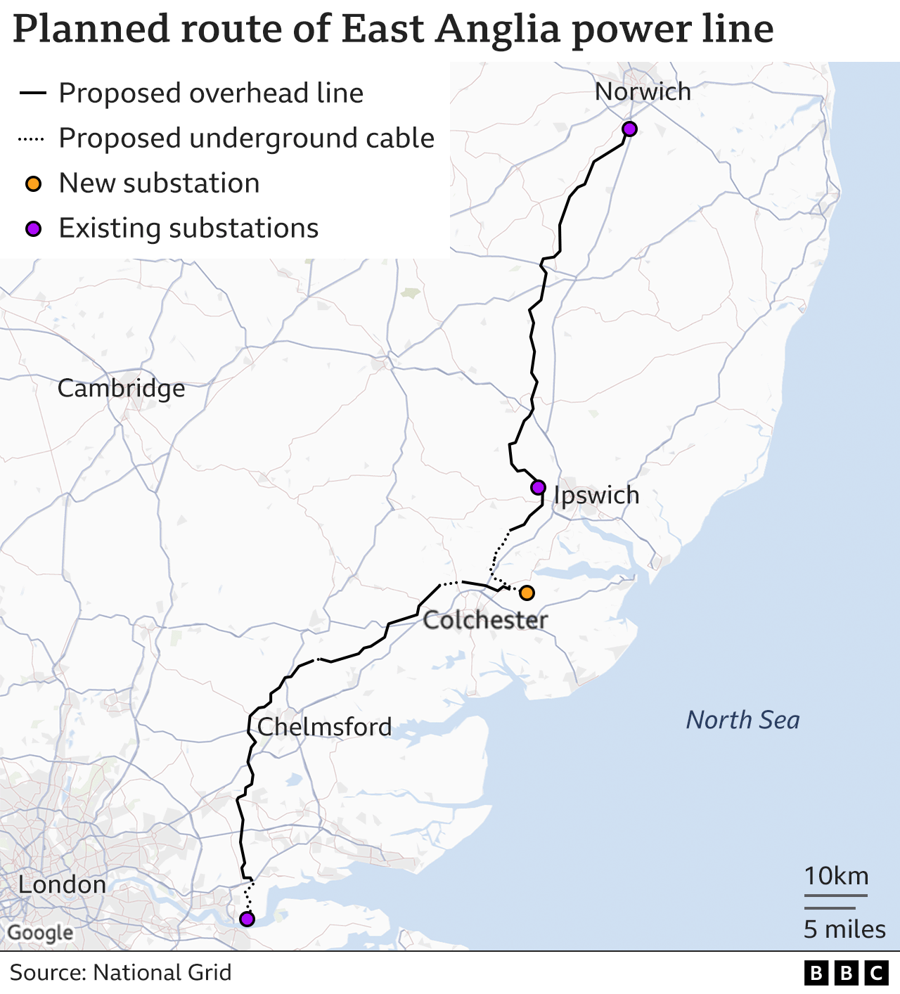 Map showing planned route of East Anglia power line