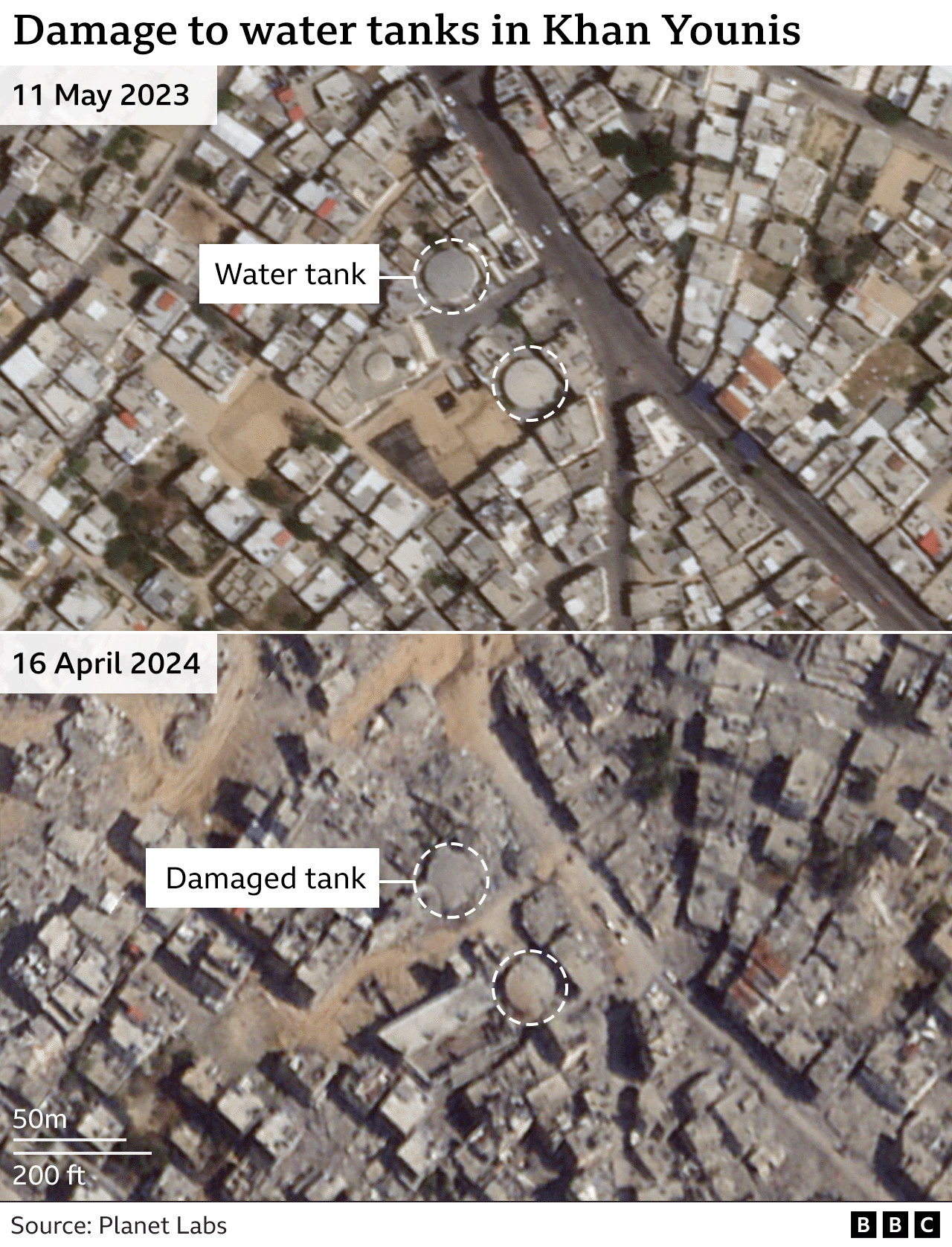 A 'before' and 'after' satellite photo showing damage to water tanks in Khan Younis from 11 May 2023 and 16 April 2024