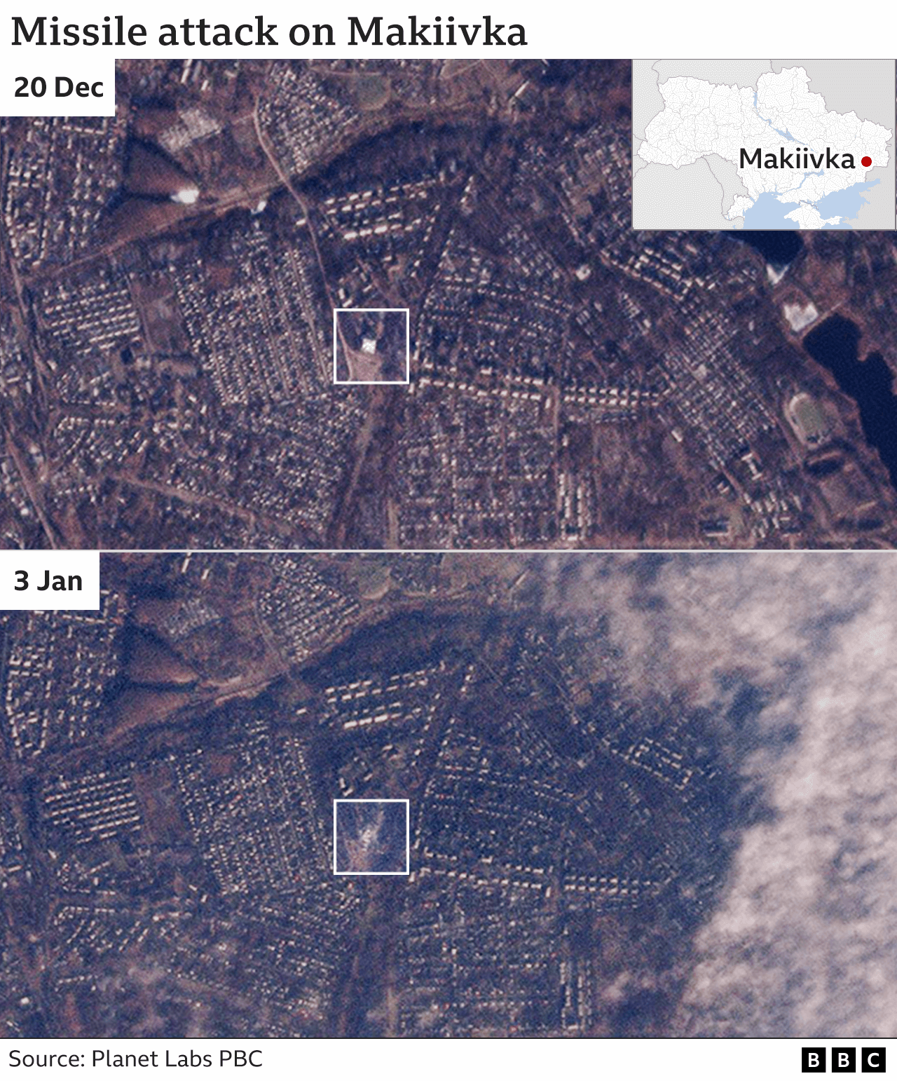 Before and after pictures of Makiivka missile attack