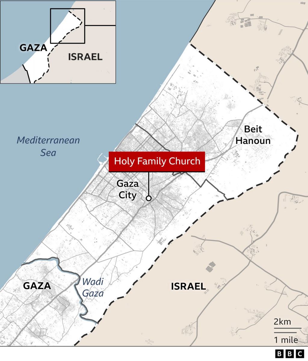 A map showing Holy Family Church in Gaza City