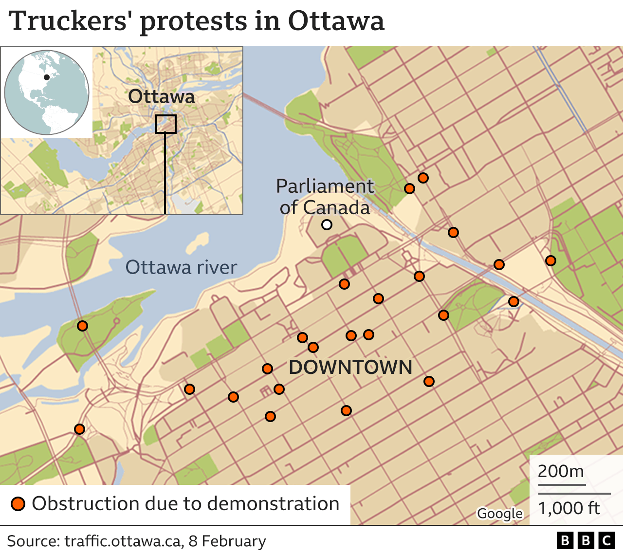 map showing location of road blocks