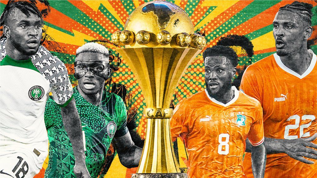 A colourful graphic featuring Nigeria players Ademola Lookman and Victor Osimhen and Ivory Coast players Franck Kessie and Sebastien Haller either side of the Africa Cup of Nations trophy