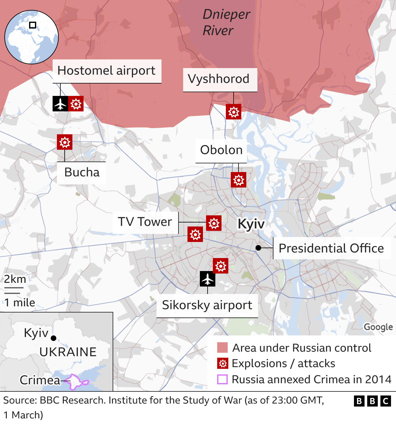 Map showing key locations in Kyiv, with Russian troops just to the north of the capital