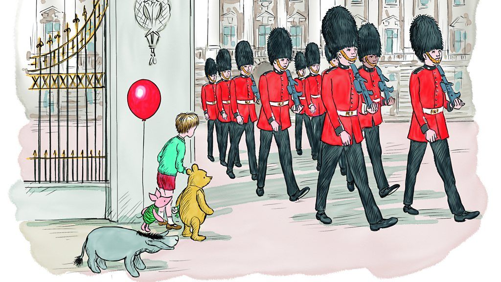 Winnie-the-Pooh and friends watch the Queen's guards marching