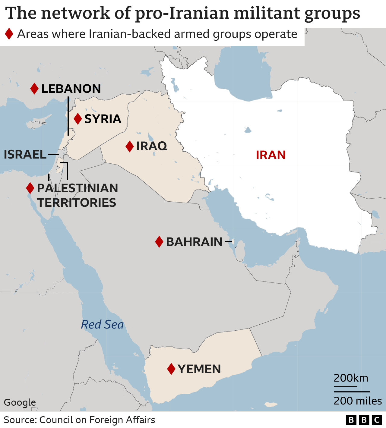 A map showing where pro-Iranian militant groups operate: Iraq, Syria, Lebanon, the Palestinian territories, Bahrain and Yemen.