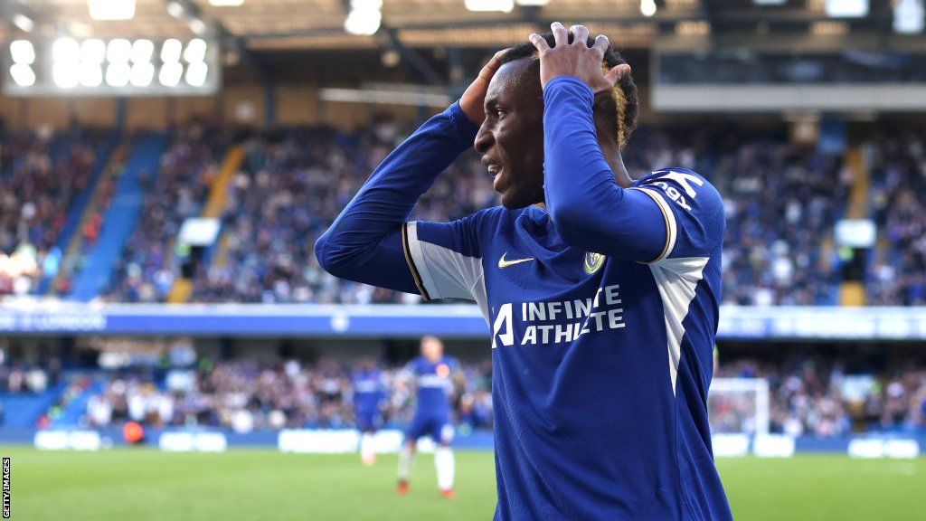 Nicolas Jackson reacts after missing a chance for Chelsea against Burnley