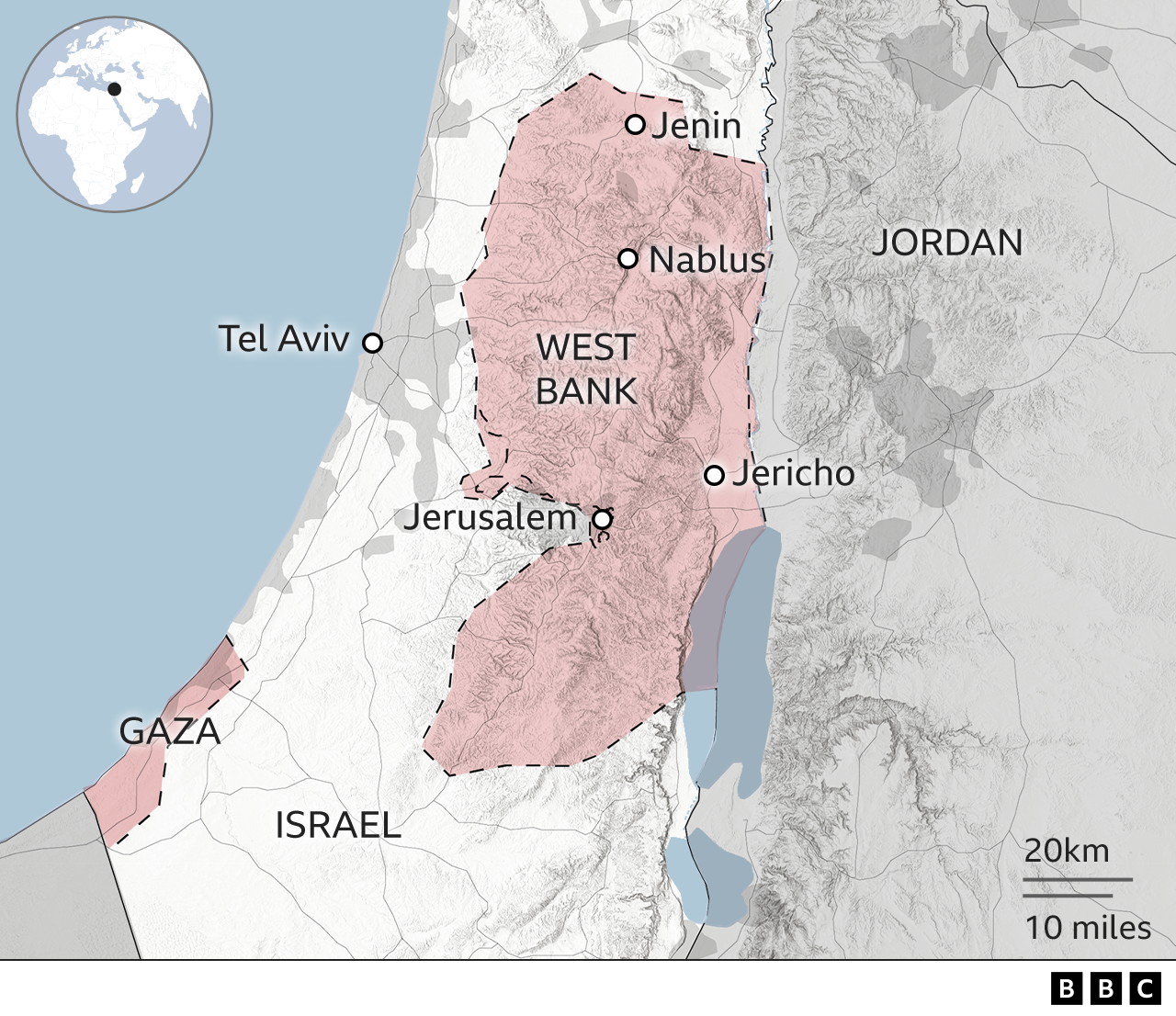 Map showing Israel, the West Bank and Gaza Strip