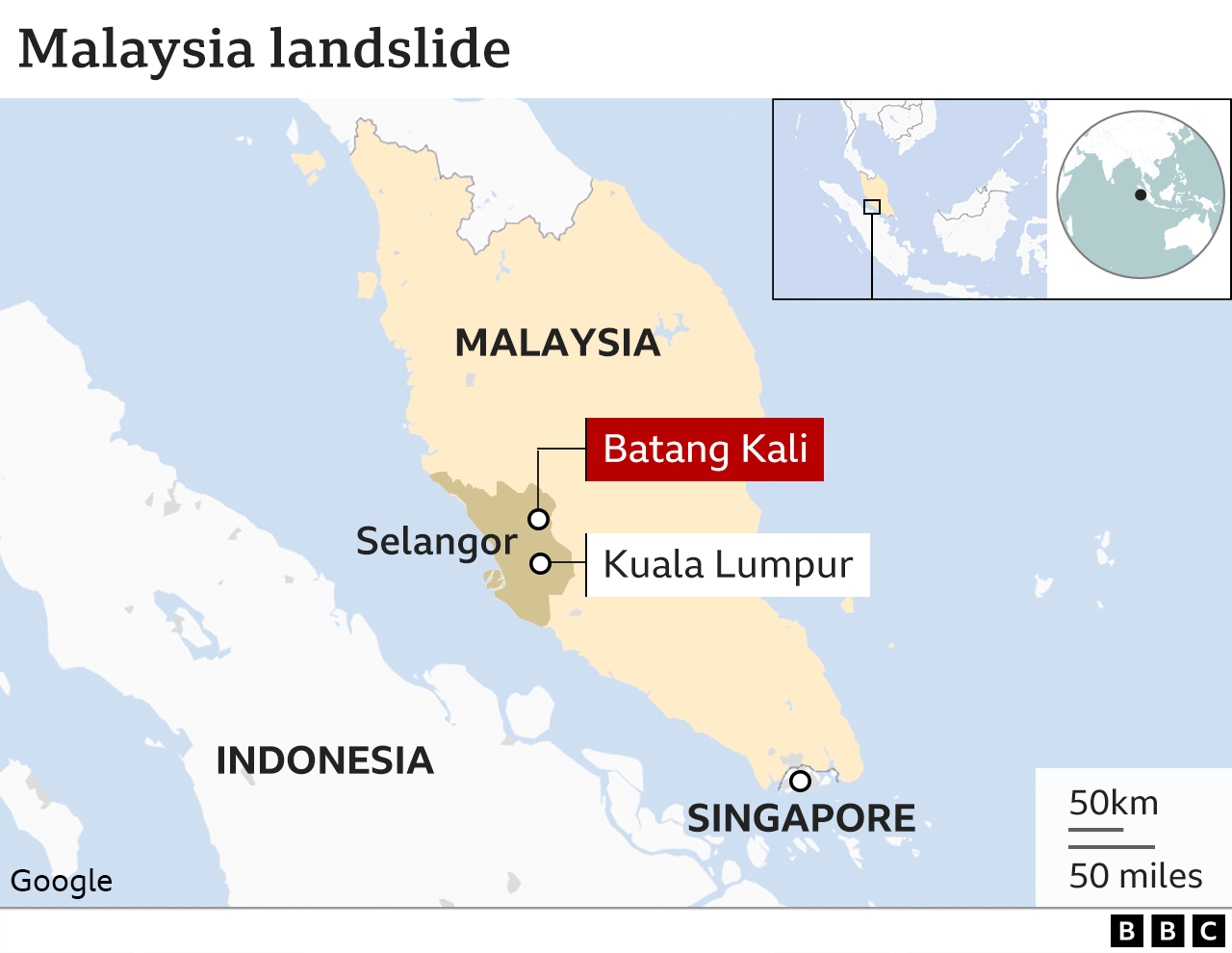Карта с указанием места оползня в Малайзии.