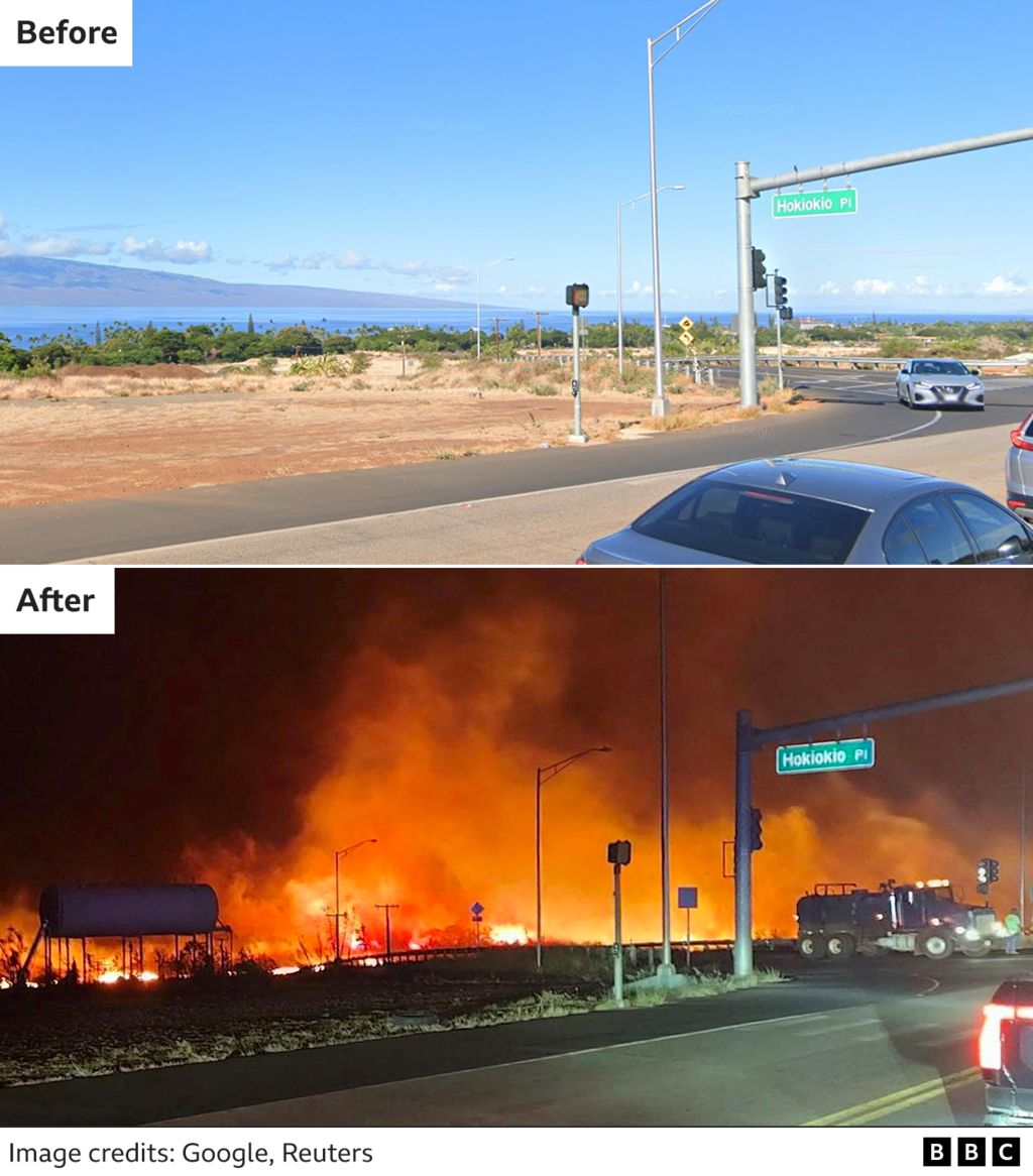 Before and after of a highway in Maui showing impact of wildfires