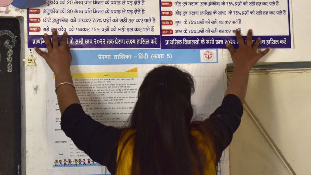 A teacher explaining a poster to students on the first day classes resumed, at Adarsh Primary School sector 12 on 1 March 2021 in Noida, India.