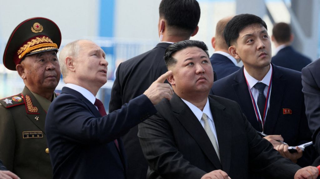  Vladimir Putin and North Korea's leader Kim Jong Un visit the Vostochny Сosmodrome in the far eastern Amur region, Russia, in September 2023