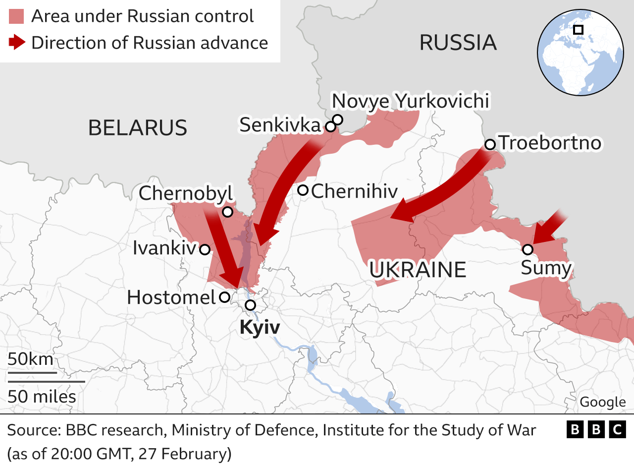 Map showing Russian advance from north. 28 FEB