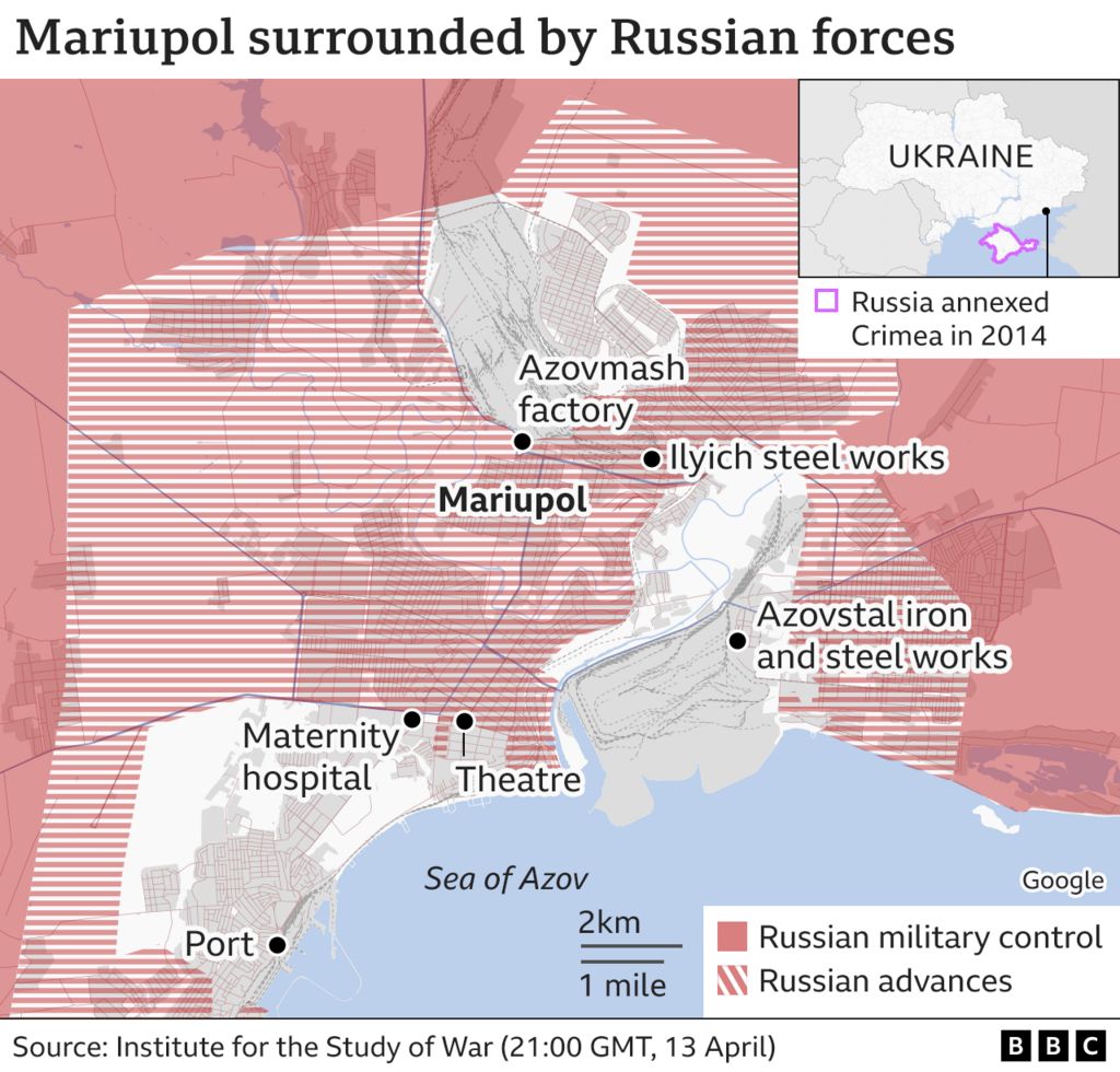 El mapa muestra a Mariupol rodeada por fuerzas rusas
