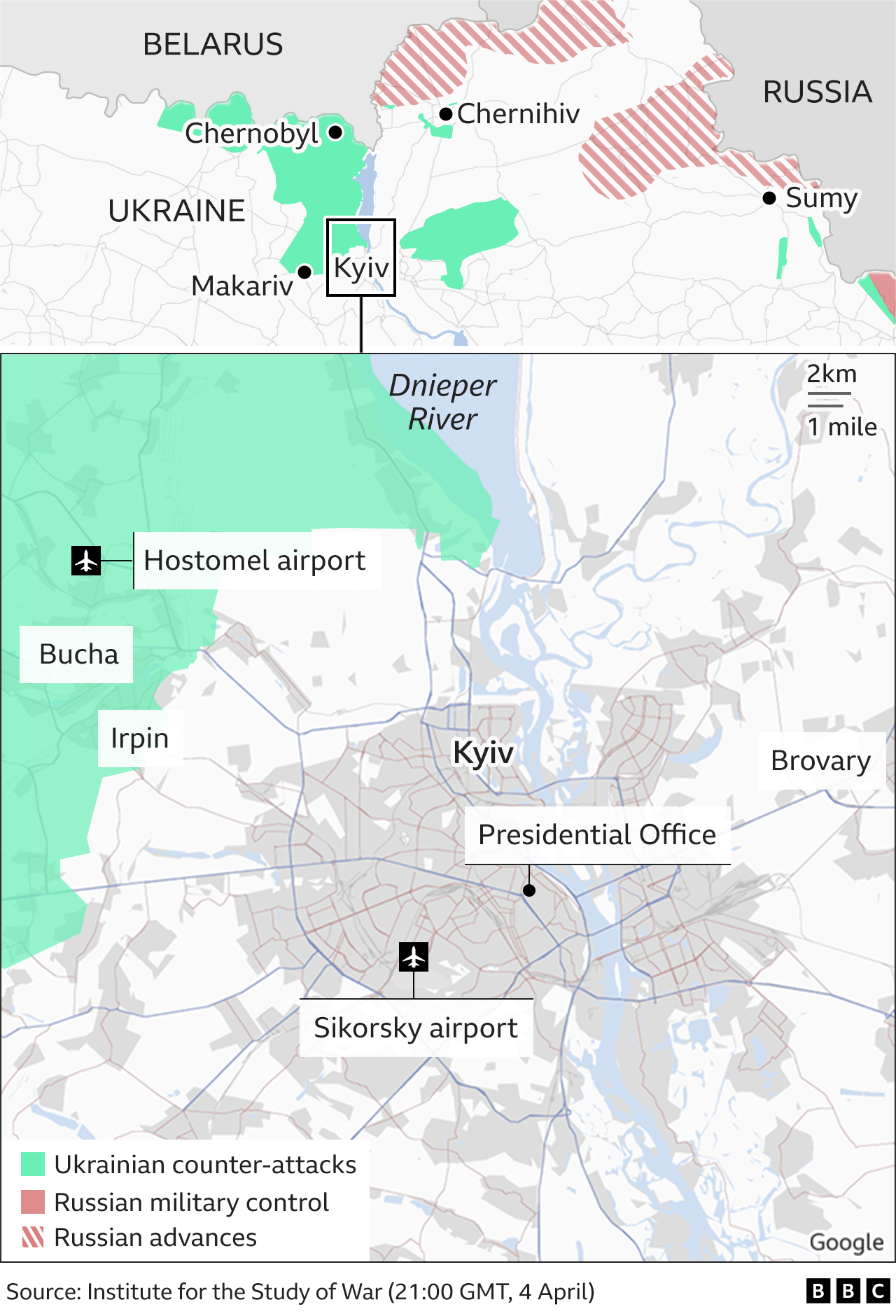 Map showing how Russian forces are positioned around Kyiv. Updated 5 April