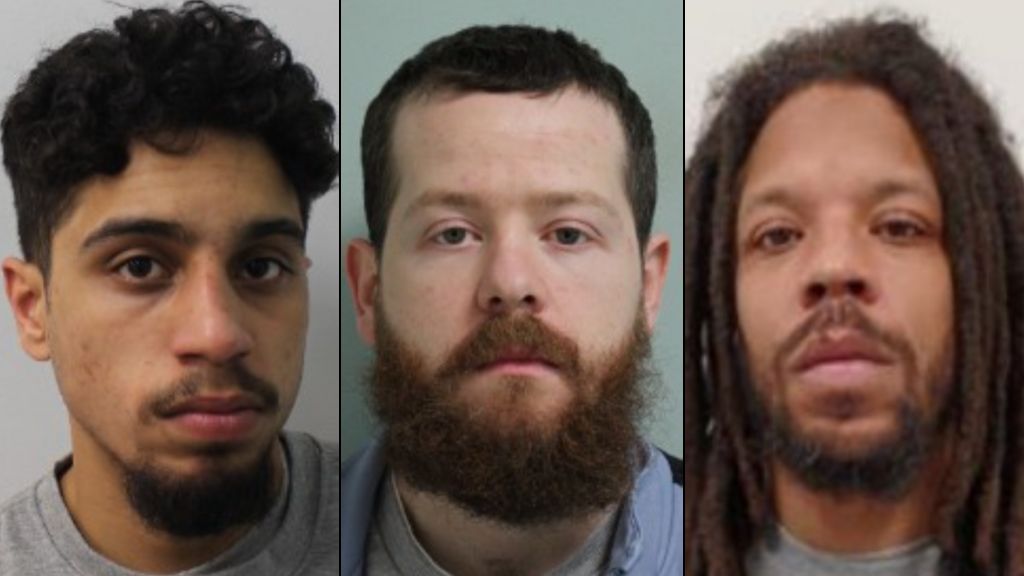 Mugshots of three men in grey sweaters with neutral expressions. All three have beards and moustaches. The man on the right has dreadlocks