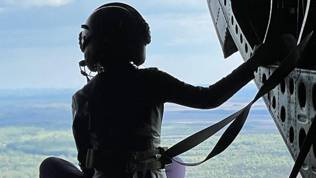 Kaja Kallas, Estonia’s PM, riding in the back of an RAF Chinook helicopter, May 2024